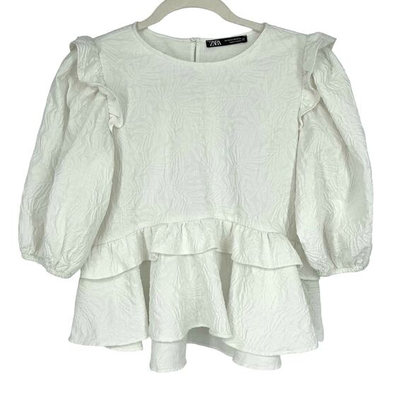 Zara White Ruffle Peplum Balloon Sleeve Blouse Size XS - Picture 1 of 8